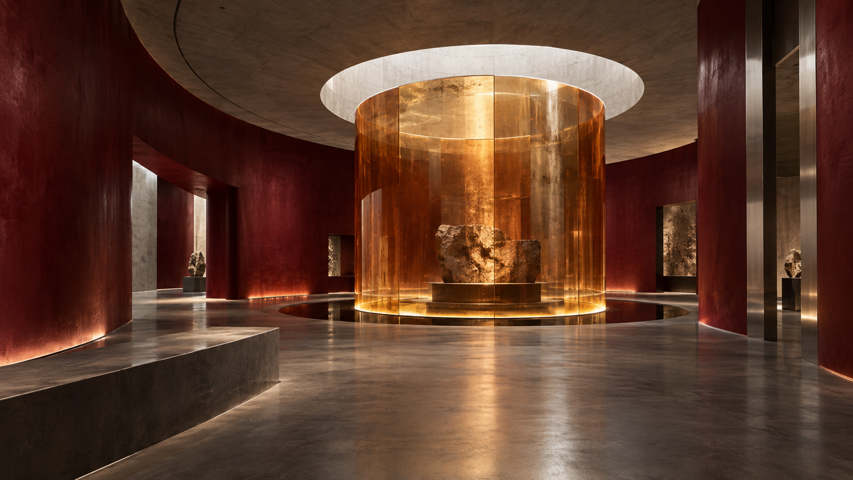 AI concept of a sculptural burgundy exhibition interior with warm glass and metal